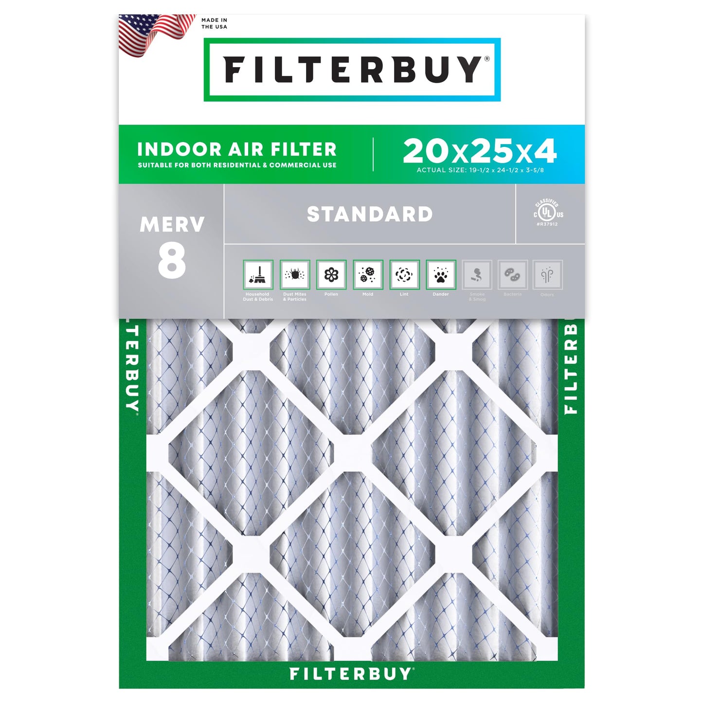Filterbuy 20x25x4 Air Filter MERV 8 Essential Dust & Allergy Defense (1-Pack), Electrostatic Pleated HVAC AC Furnace Filters Replacement, Made in USA (Actual Size: 19.50 x 24.50 x 3.63)