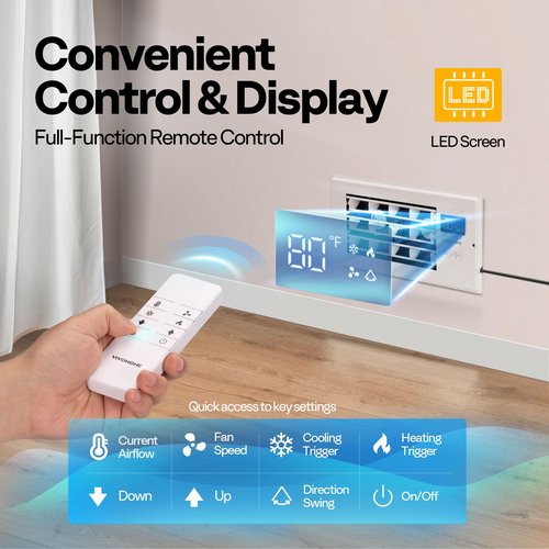 VIVOHOME 4'' x 10'' Opening Register Booster Fan with Adjustable Wind Direction Louver, Smart Intelligent Thermostat & 10-Speed Remote Control - 11.4" x 5.5" Vent Cover for Room, Floor, Wall - White