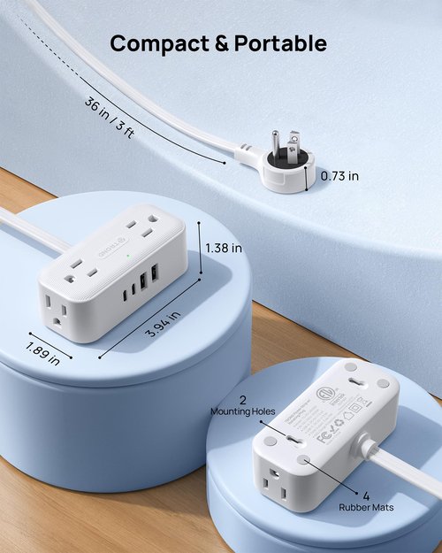 TROND 360° Rotating Plug Outlet Extender 36 in - Flexible Extension Cord, Multi Plug Wall Outlet Splitter Surge Protector, 4 AC 4 USB, Mountable for Hard Reach Socket in Bedroom Home Office, White