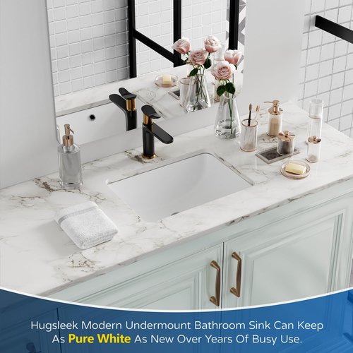 Undermount Bathroom Sink Rectangle, Hugsleek Interior Bowl Size 16 x 11 inch White Porcelain Ceramic Vessel Sink Under Counter Exterior Size 18x13in Rectangular Bath Sink Basin Lavatory Fireclay
