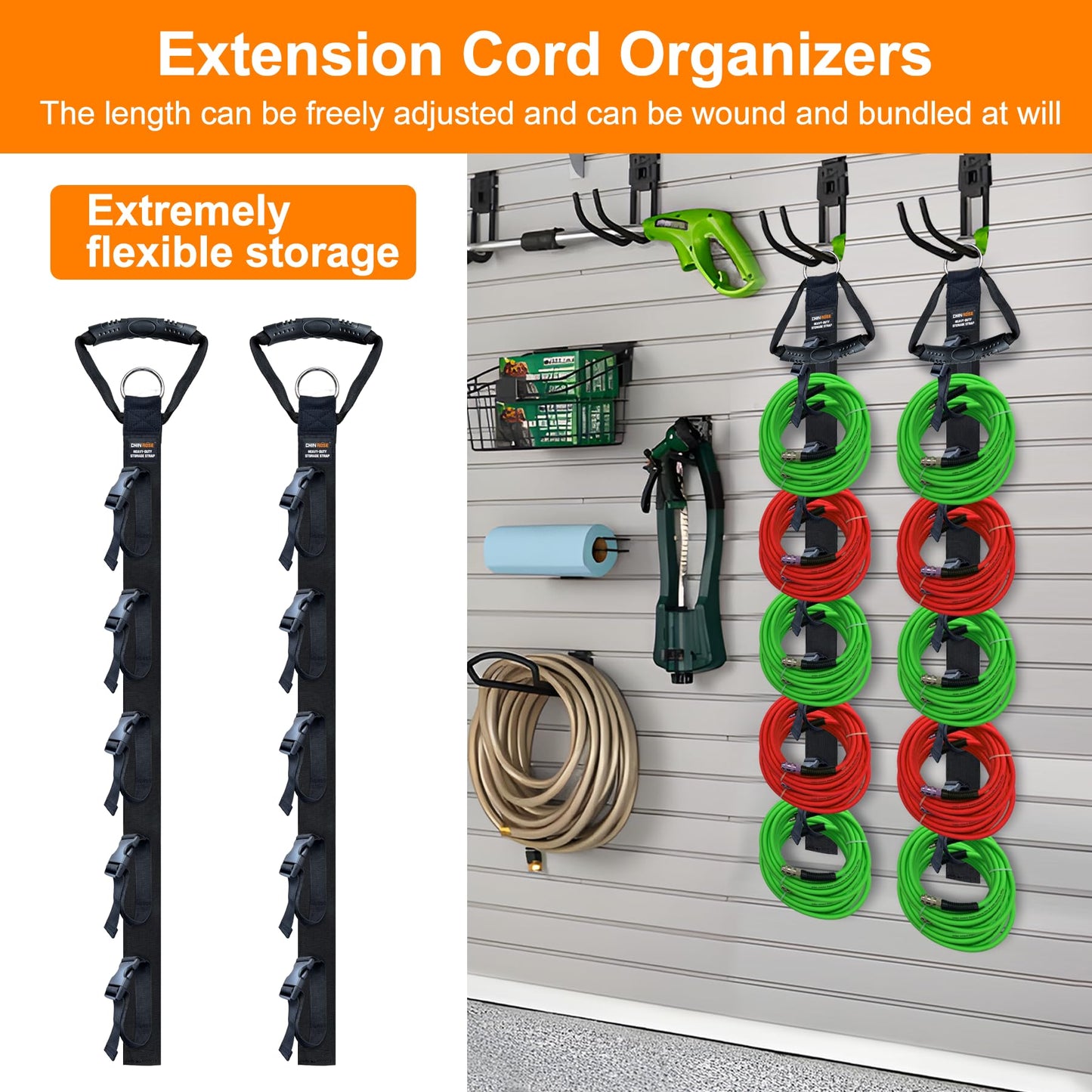 Extension Cord Organizer, 2 PCS Extension Cord Hanger with 5 Slots, Extension Cord Holder, Garage Garden Storage Straps for Cable, Hose, Rope, Tool