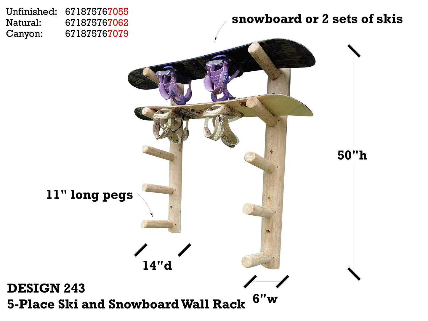5-Place Wall-Mounted Skis/Snowboard Log Rack - Poles & Ski Wall Mount, Snowboards Wall Rack, Indoor & Outdoor Ski Holders for Walls, Hangers for Skis Indoor Storage - Unfinished