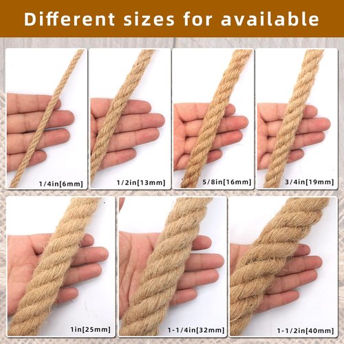 Natural Jute Rope for Crafts,Decorating,Gardening, Bundling,Camping,Cat Scratching Post,Thick Hemp Rope 1/4 inch 1/2 inch 5/8 inch 3/4 inch 1 inch 1-1/4 inch 1-1/2 inch (3/4in×98ft)