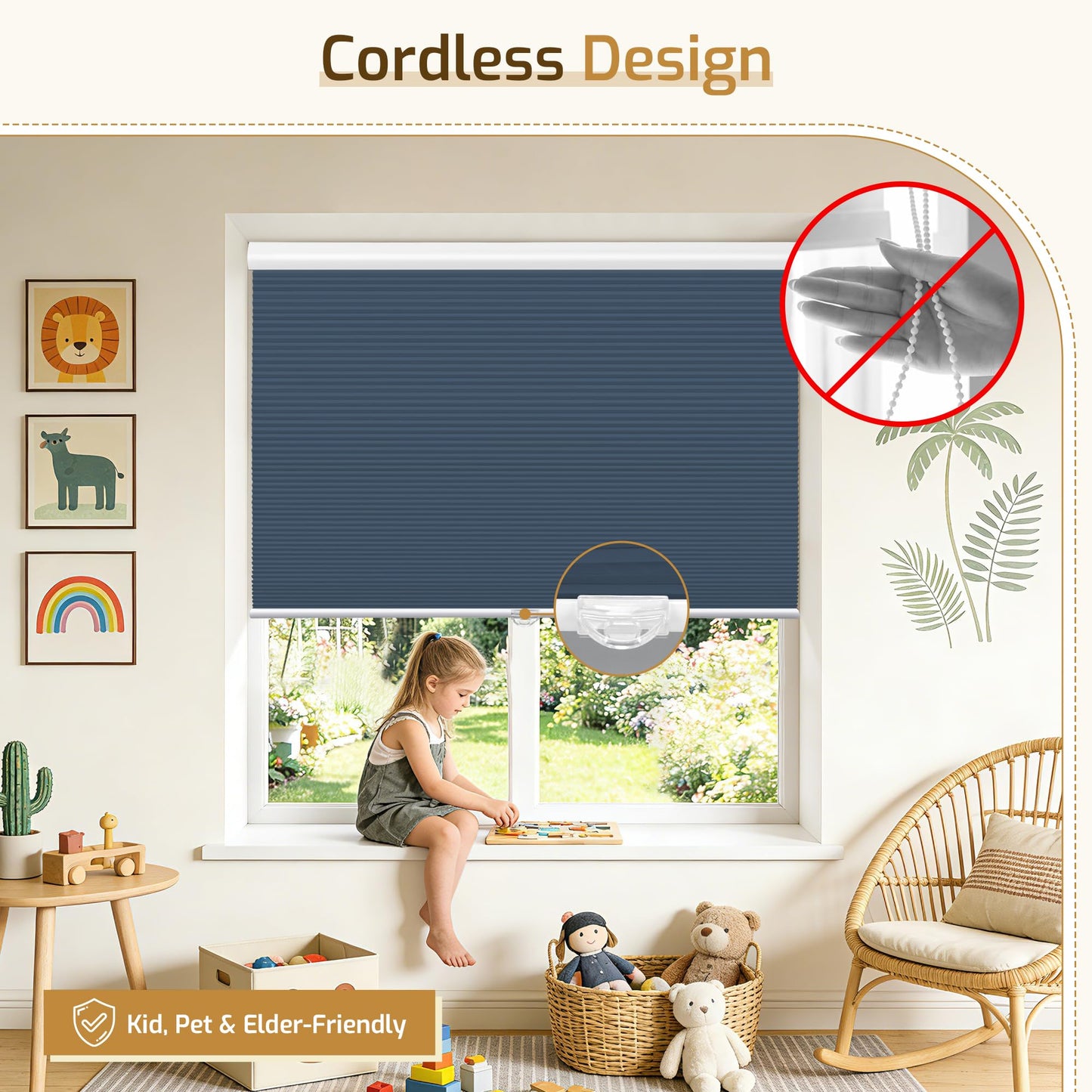 Grandekor Blackout Window Blinds and Shdes Cordless Cellular Shades, Ocean Blue-White, 34x64 inch