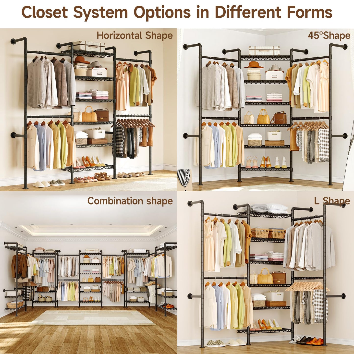 ONBRILL H3 Expandable Wall Mounted Closet System, 5.4FT-8.1FT Closet Organizer with 4 Telescopic Rods & 6 Wire Shelves, Industrial Pipe Clothing Rack for Walk-in & Reach-in Closet (Black)