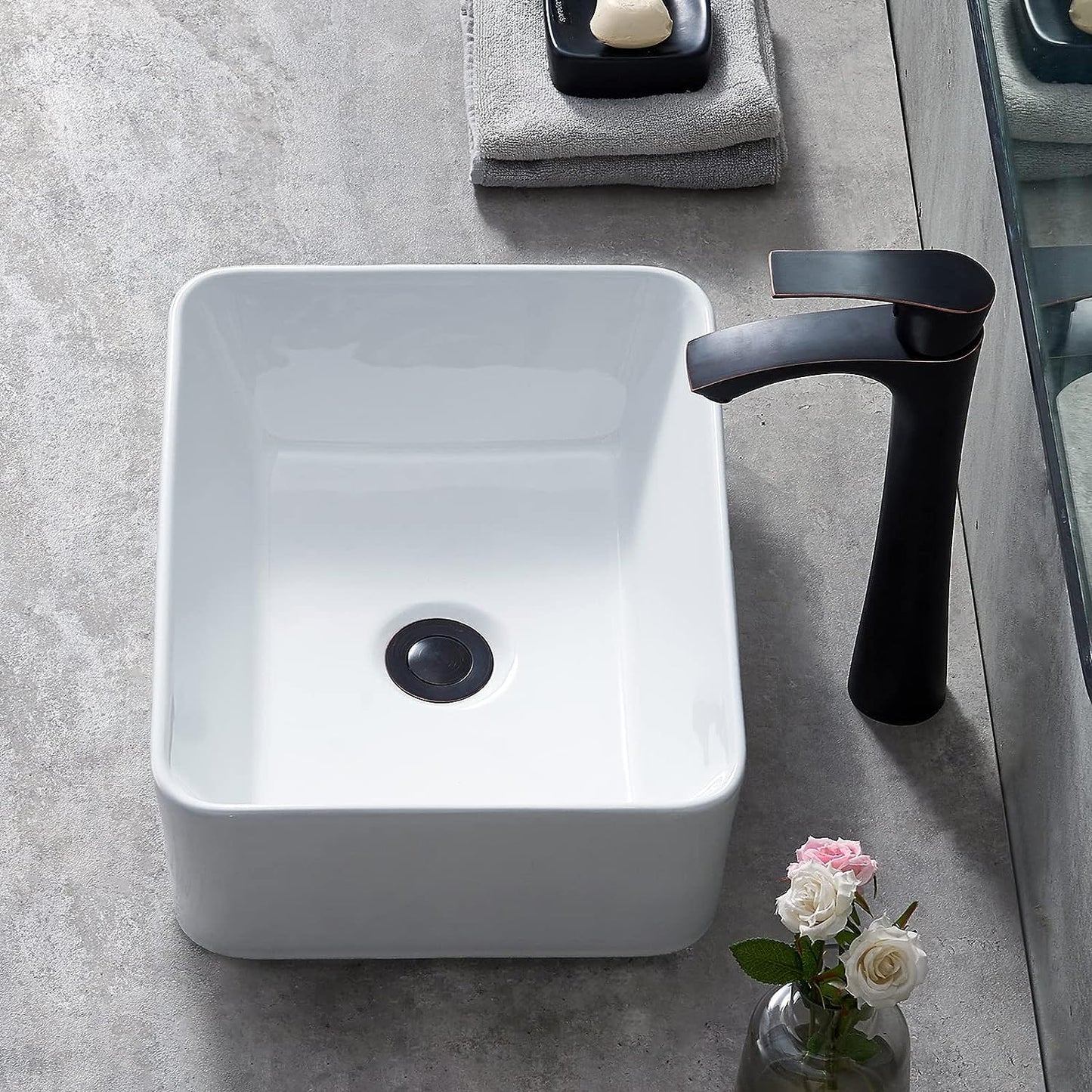 Ufaucet Bathroom Vessel Sink Rectangle, 16" X 12" White Bathroom Ceramic Vessel Sink Above Counter, Modern Porcelain Lavatory Small Above Counter Art Basin Vanity Sink, Lavamanos De Baño