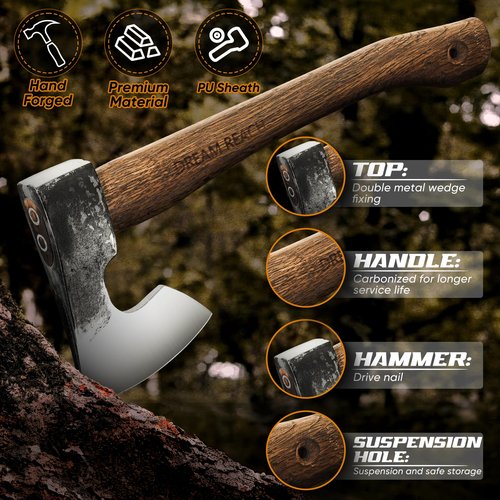 Dream Reach 14.5"" Camping Hatchet with Sheath, Bushcraft Axe with Carbonized Handle, Hand Forged Carving Axe, Splitting Hatchet for Chopping Wood, Gardening, Black