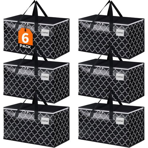HomeHacks Heavy Duty Moving Bags with Tag Pockets, Collapsible Storage Totes for Moving, Camping & Travel -Foldable Packing Boxes, Zipper Handles, Black（6 Packs, 88L）