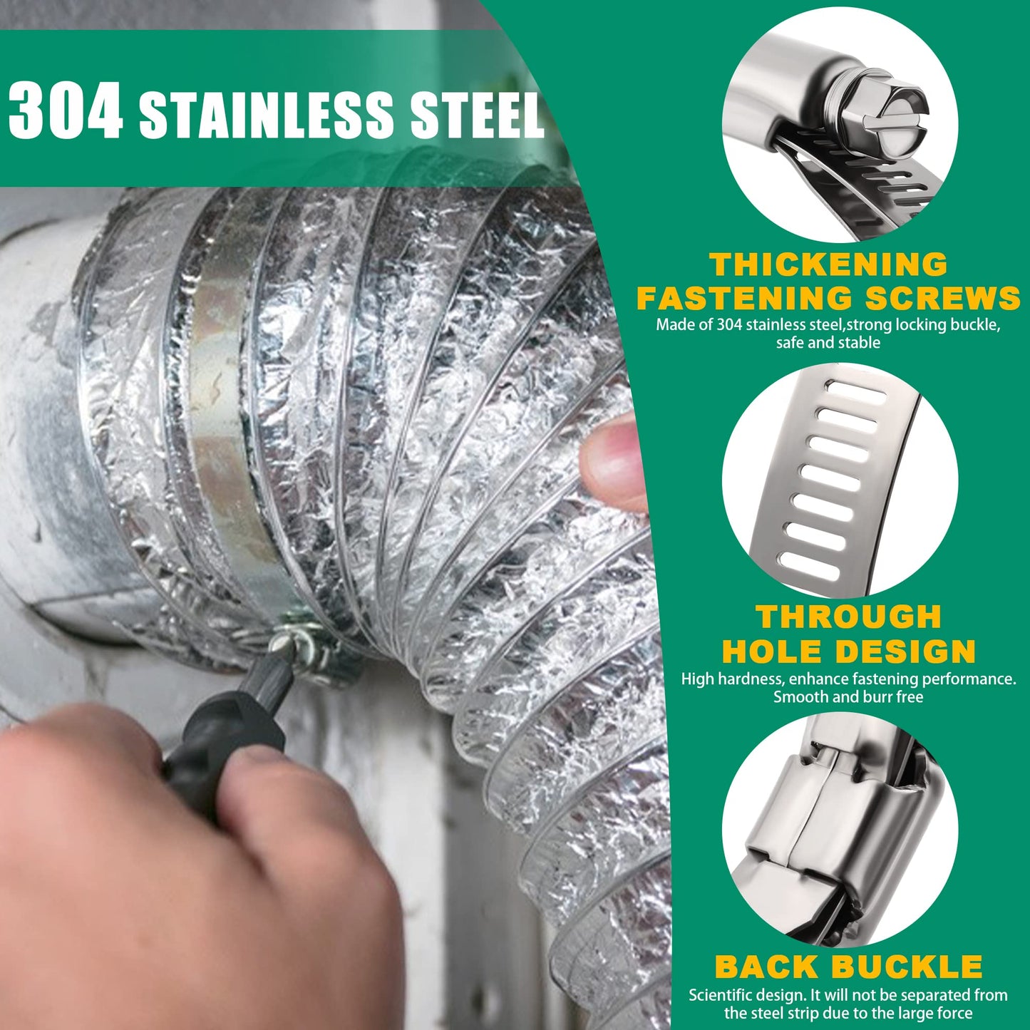 OURU Large Hose Clamps, 10 Pack 4 Inch Stainless Steel Hose Clamps Adjustable from 3-3/4"-4-5/16"/95-110mm, Metal Worm Gear Duct Clamp for Air Ducting, Dryer Vent Hose, Fuel Line, Automotive