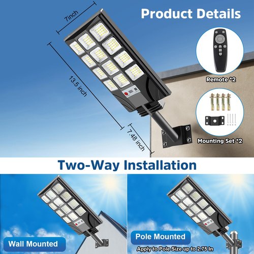 Solar Street Lights Outdoor Waterproof, 20000LM 6500K LED Motion Sensor Lights, Dusk to Dawn Solar Flood Lights with Remote, Solar-Powered Parking Lot Light, Commercial Area Lighting for Outside 2Pack