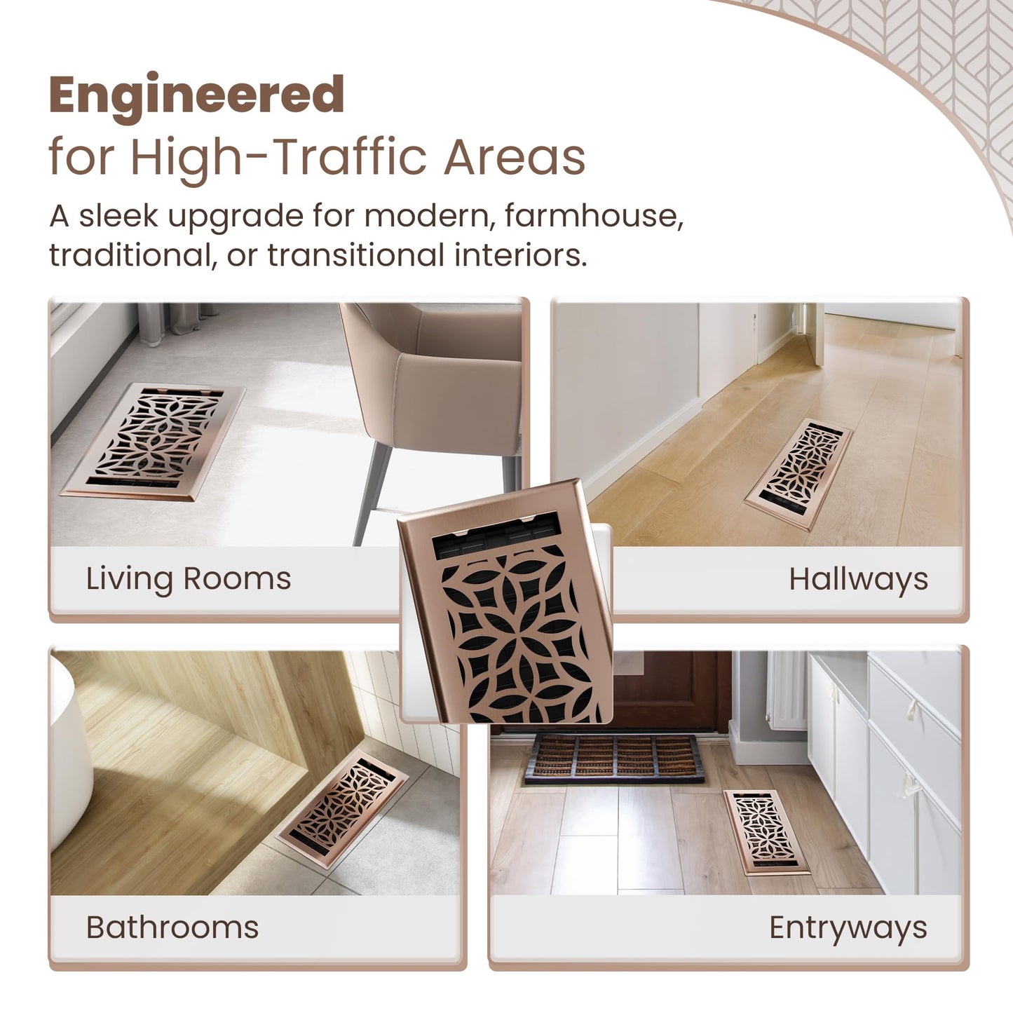 Floor Vent Covers – 4x10 Floor Register – Heavy-Duty Steel, Rustproof & Walkable Grates, Drop-in Install, Adjustable Airflow – Decorative (Floral Satin Rose Bronze, 8 Pack)