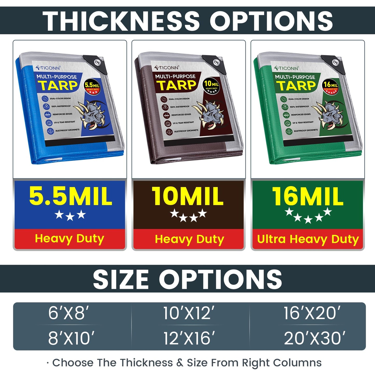 TICONN Heavy Duty Tarp Cover, Extra Thick Tarps Waterproof Tear and Rip Proof UV Resistant Tarpaulin with Reinforced Grommets and Edges (5.5 Mil, 6'x8')