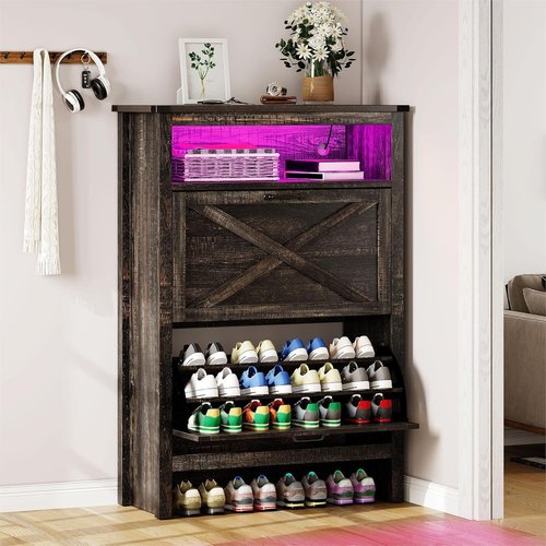 YITAHOME Shoe Cabinet, Entryway Shoe Storage Cabinets with Open Shelves and Led Light, Free Standing Hidden Shoe Rack Organizer with 2 Flip Drawers for Entryway/Hallway/Closet, Dark Rustic Oak