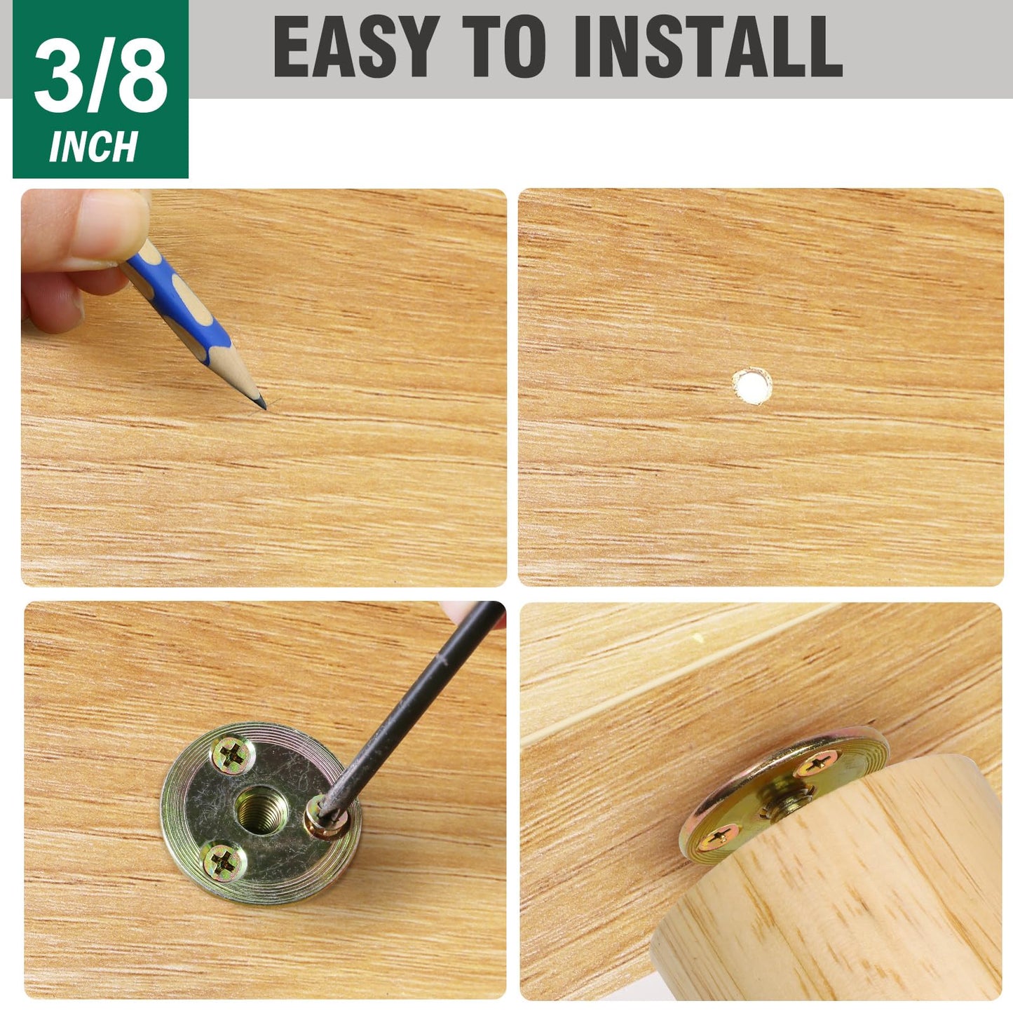 FoDau770 3/8"-16 Brad Hole T-Nut with Screws, Zinc Plated Carbon Steel 3-Hole T-Nuts, Insert Female Thread Mounting Fastener for Wood Furniture and DIY Project - 16 Set (64 Pieces)