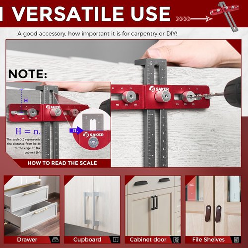 Saker Cabinet Hardware Doweling Jig,Adjustable Cabinet Template Tool for Knobs,Handle and Pull,Self Centering Punch Locator Precise Woodworking Drill Guide for Drawer Installation