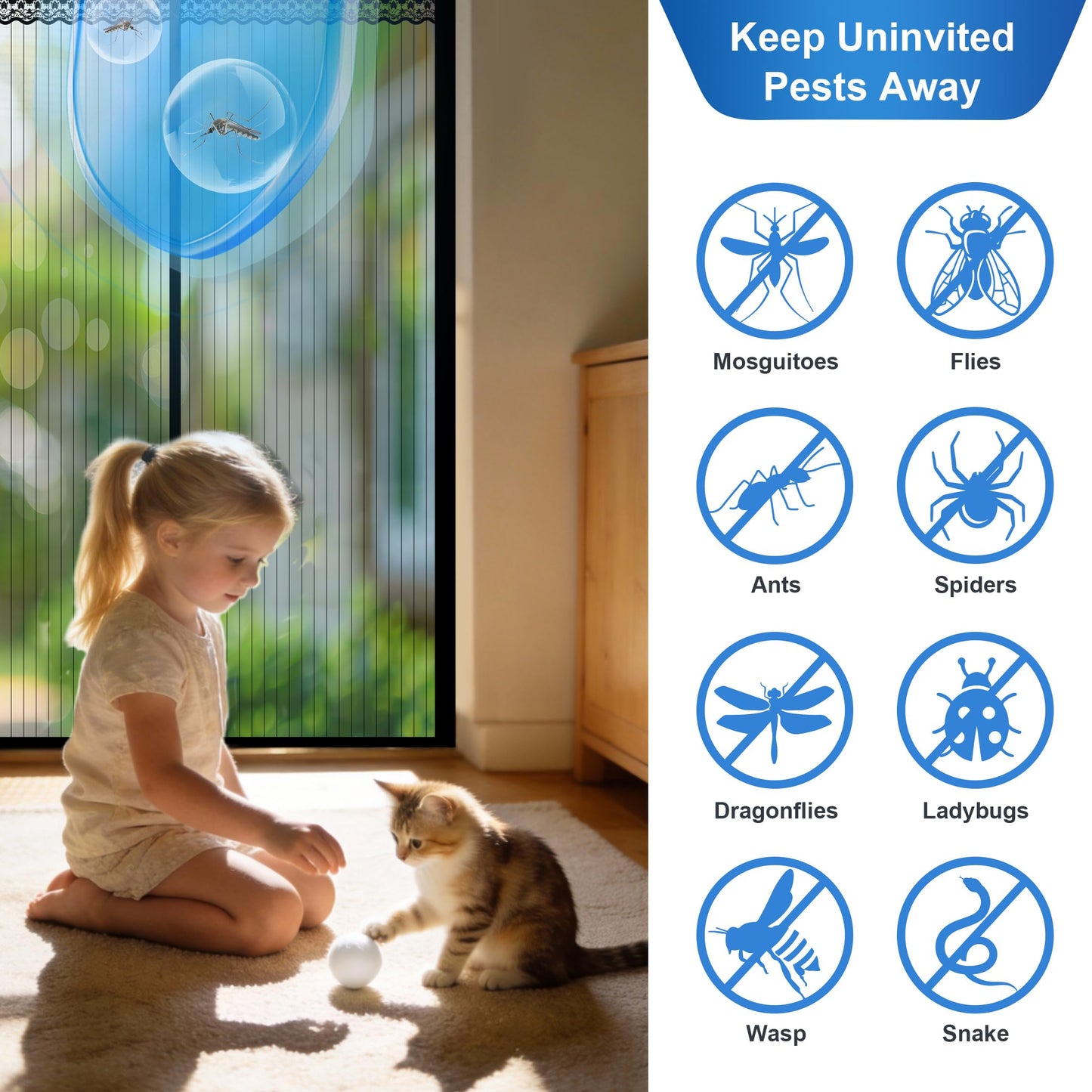 METAONLY Magnetic Screen Door Mesh, Works for Patio, Sliding Door, Keeps Bug Mosquito Out, Fresh Air Flow, Fits 32" x 80" Door - Curtain Size 34" x 82", Black with Lace