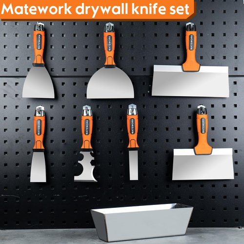 Matework Drywall Tools, 8Pcs High Quality Stainless Steel Drywall Knife Set, Putty Knives with Mud Pan, Ergonomic Grip Tapping Knife with Hammer End for Wall Work