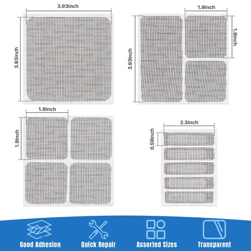 MAQIHAN 16Sheets Window Screen Repair Kit - Black Self-Adhesive Screen Patch Repair Kit, 4 Sizes Patches Mesh Tape for Mesh Screens Door, Window Drain Holes, Strong Adhesion Easy to Use