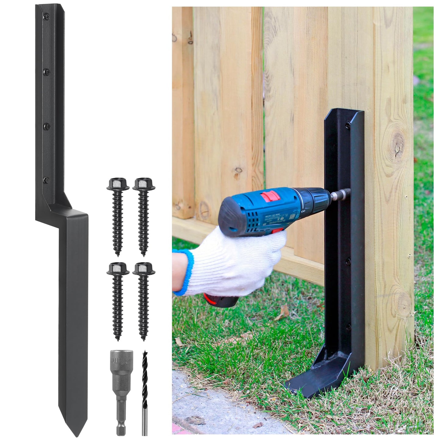 Epcee Heavy Duty Steel Fence Post Repair Stakes, Fence Post Anchor Ground Spike, for Repair Tilted/Broken Wood Fence Post (1 Pack/Black