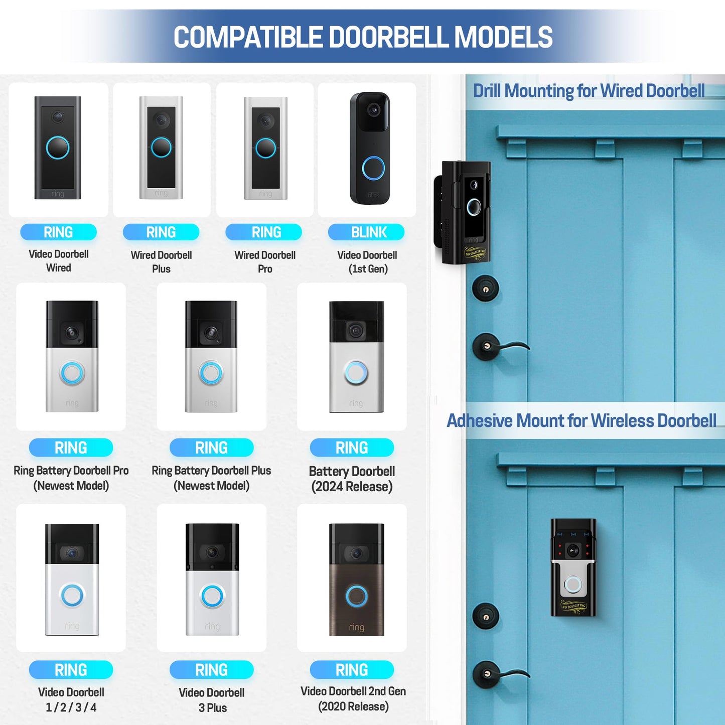 Adjustable Ring Doorbell Angle Mount - All Metal Ring Corner Mount Kit - Ring Doorbell Holder Swivel Mounting Bracket for Brick Wall Drilling & No Drill Adhesive Installation