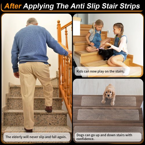 SMILOOL Clear Non-Slip Treads for Wooden Steps Indoor 5 Pack 4" x 24" Pre-Cut Anti-Slip Strips, Grip Tape Transparent Grips for Wood Stairs, Dogs, Kids and Pets, Waterproof