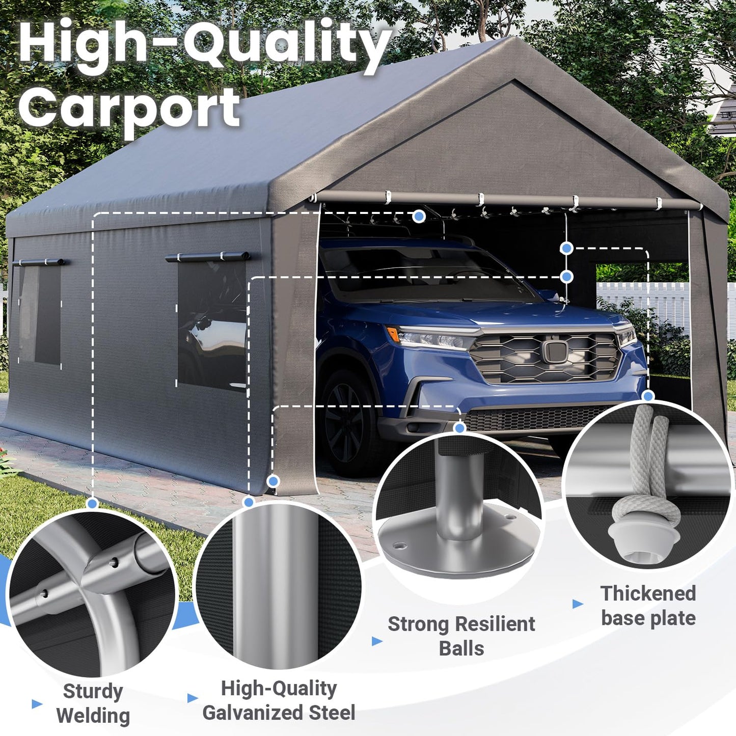 Bezseller 12x20 FT Heavy Duty Carport Canopy with Removable Sidewalls, Portable Garage Tent with Roll-Up Windows & Doors, Car Port with All-Season Tarp for Cars, Boats, Trucks, Motorcycles, Gray