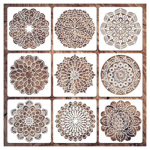 9 Pack Mandala Stencils for Painting,Reusable Paint Drawing Templates for Painting on Wood Floor Wall Canvas Tile Fabric,Creative Mandala Stencils for DIY Art Projects & Home Decor (12 inch)
