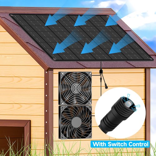 Solar Exhaust Fan, 15W Solar Powered Exhaust Fan - Two High-Speed Silent Fans with Air Intake and Air Exhaust Functions & On/Off Control, Solar Fan for Shed, Dog Houses, Chicken Coops & Greenhouses