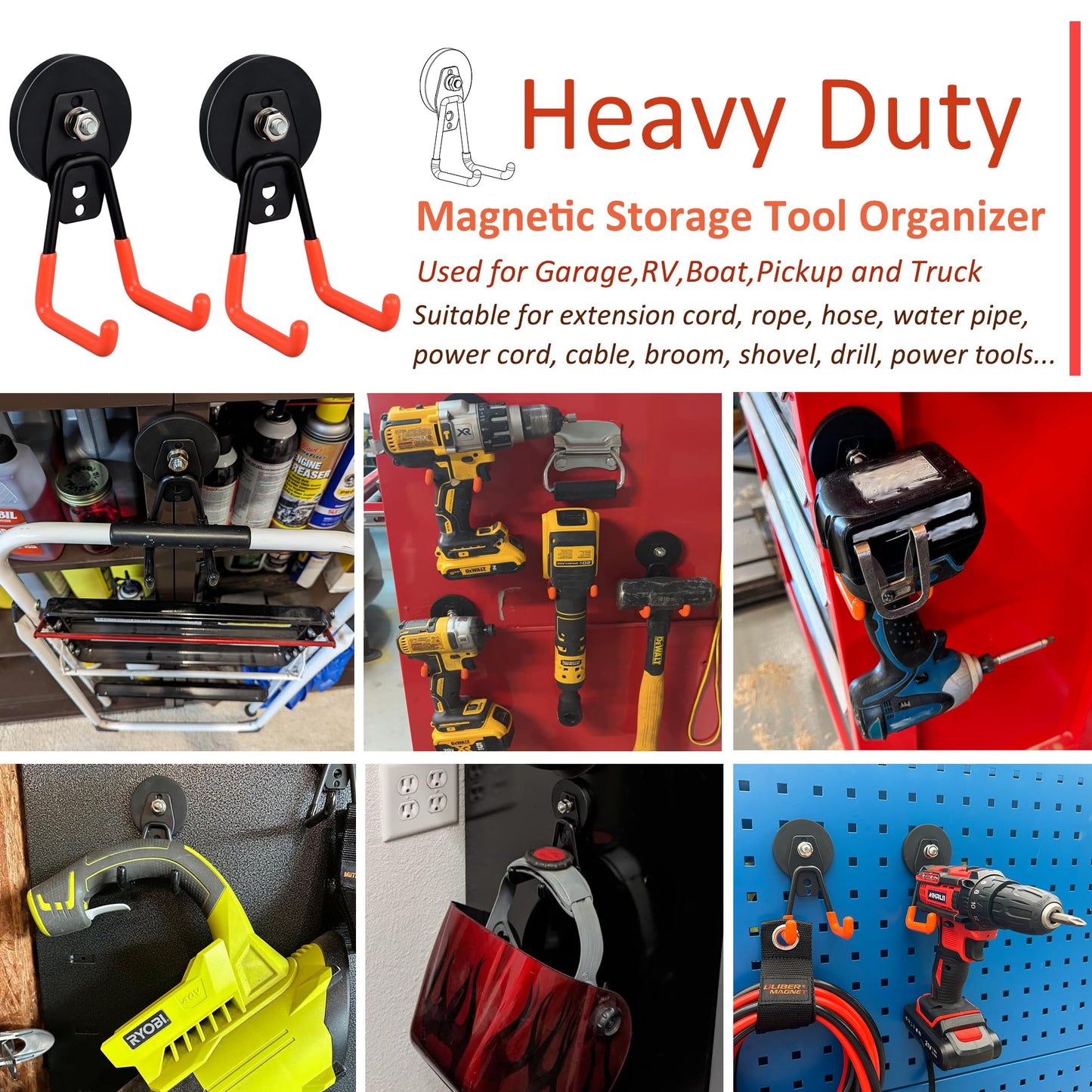 ULIBERMAGNET Heavy Duty Magnetic Garage Hooks,Strong Large Magnet Hooks for Power Drill,Garden Tools,Hose,Pegboard,Garage, Workshop,2 Pack Magnetic Storage Holder for Indoor Outdoor Hanging(Orange)