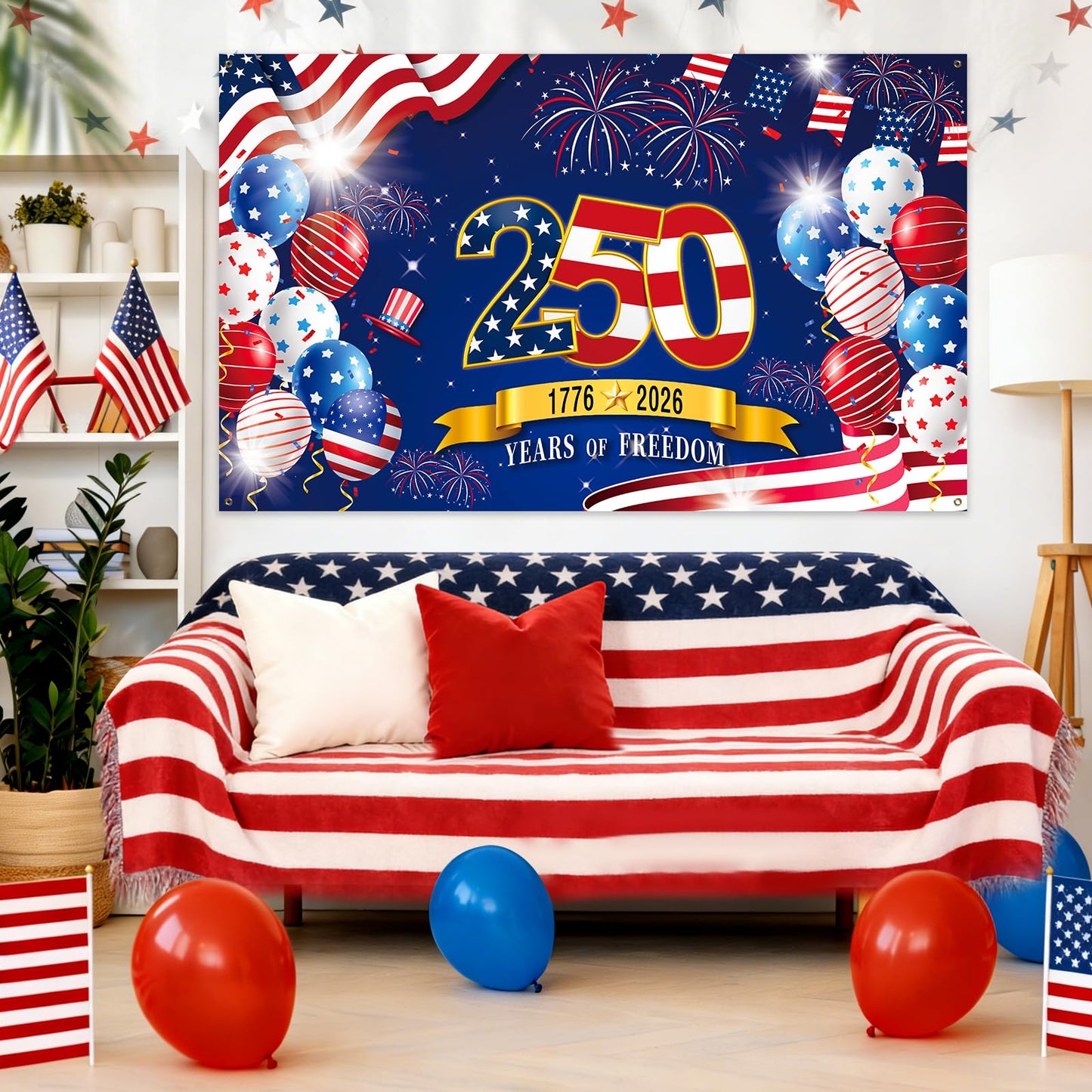 250th Anniversary American Backdrop, 4th of July Party Decorations,1776-2026 250th Birthday Fabric Banner with Grommets, Independence Day Decorations for Outdoor, Indoor, Yard, Garden, Porch