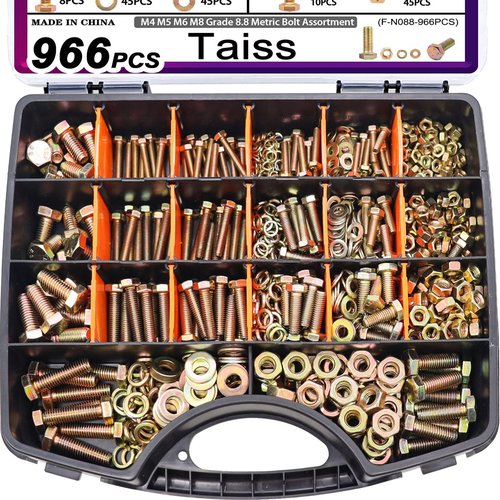 Taiss 966pcs Grade 8.8 Metric Bolt Assortment,Metric Bolts and Nuts Assortment,Bolt Kit M4 M5 M6 M8(12-30mm) Heavy Duty Hex Bolts and Nuts Kit Flat/Lock Washer Yellow Zinc Plated,with Handheld Box