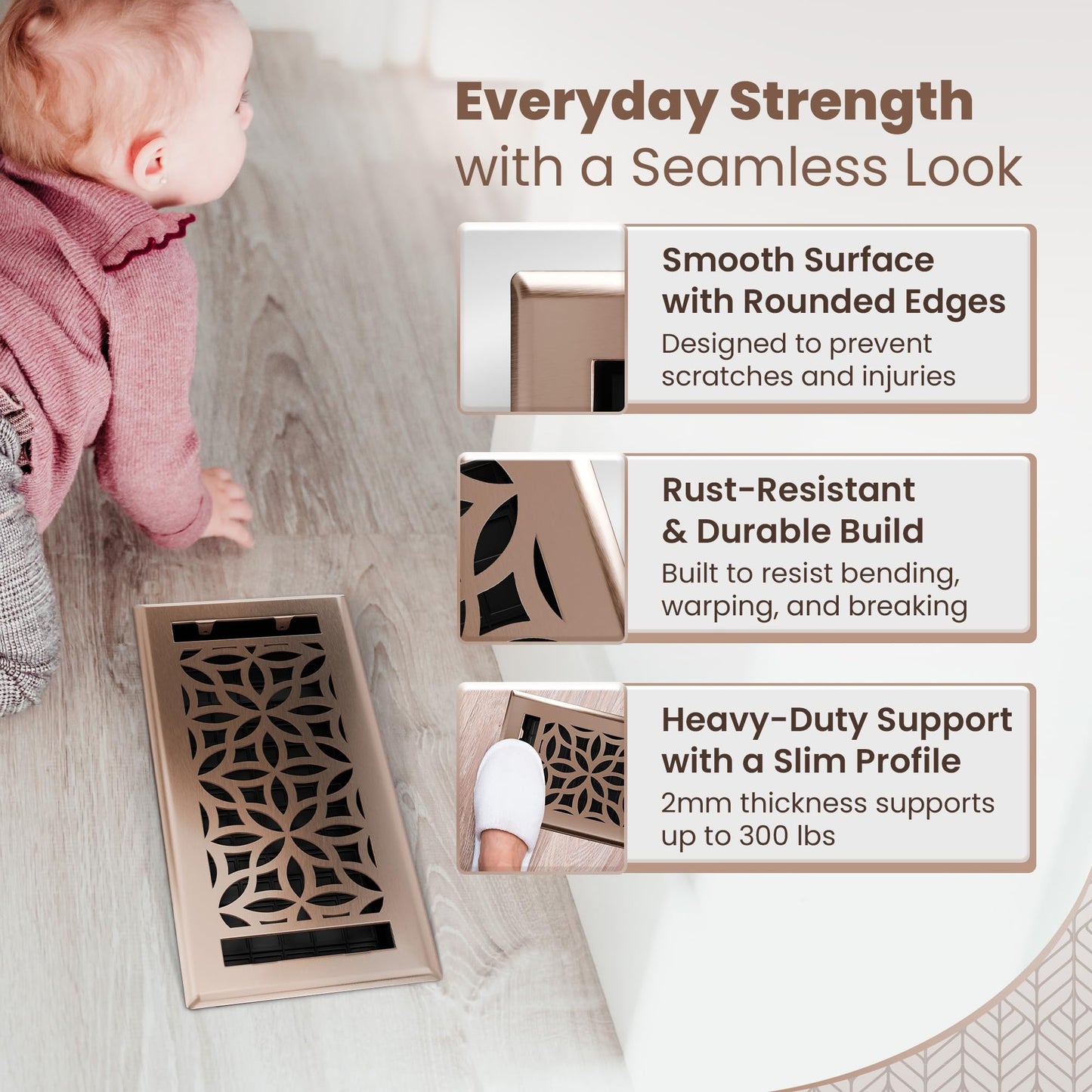 Floor Vent Covers – 4x10 Floor Register – Heavy-Duty Steel, Rustproof & Walkable Grates, Drop-in Install, Adjustable Airflow – Decorative (Floral Satin Rose Bronze, 8 Pack)