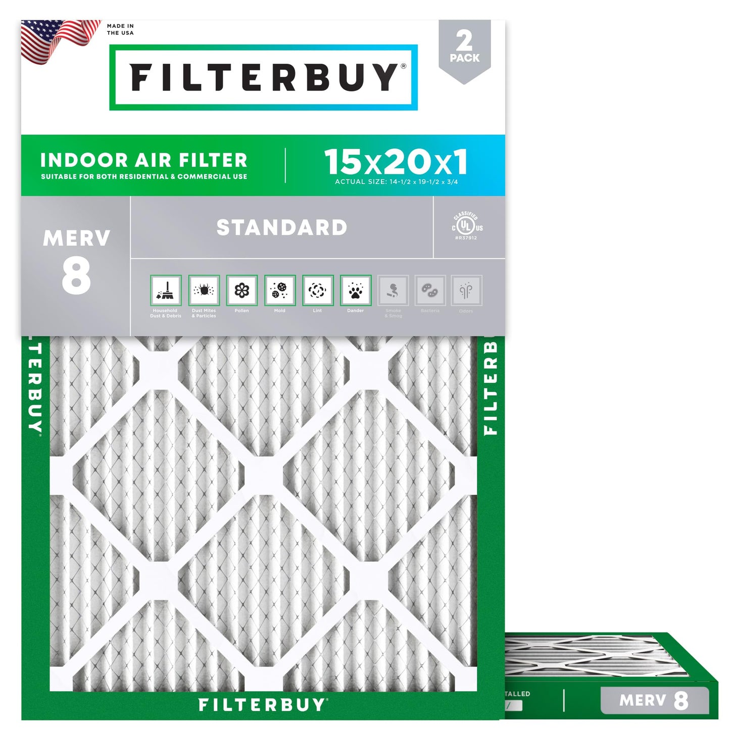 Filterbuy 15x20x1 Air Filter MERV 8 Essential Dust & Allergy Defense (2-Pack), Electrostatic Pleated HVAC AC Furnace Filters Replacement, Made in USA (Actual Size: 14.50 x 19.50 x 0.75)