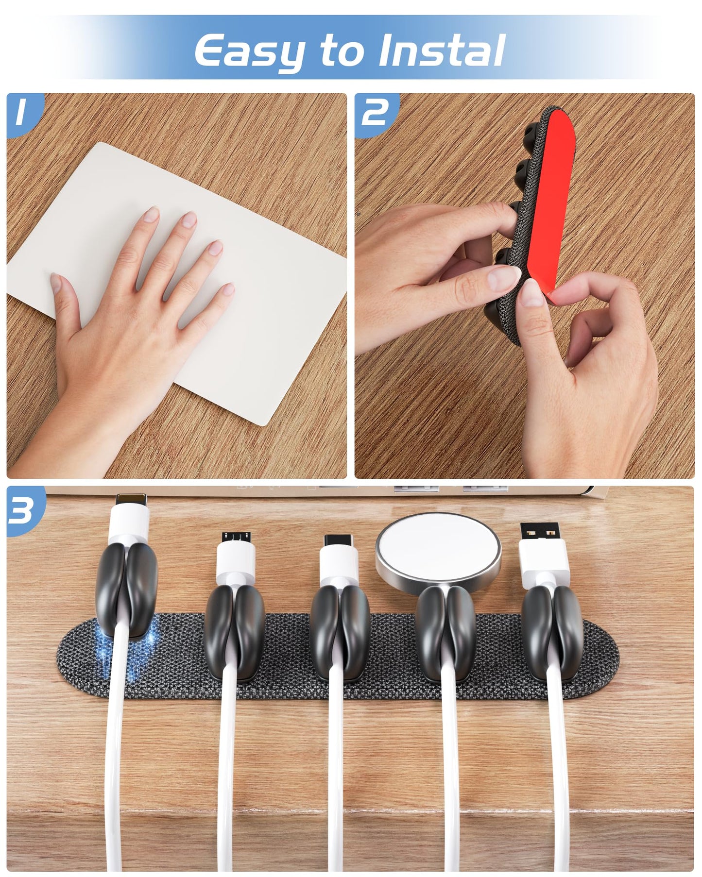 5-Pack Magnetic Cable Clips Cord Organizer - Smoothly Adjustable, Puretor Desk Cable Management Clips. Ideal Wire Holders for Desktop, Nightstand, Wall - Perfect for Home Office, Phone, Car (Black)