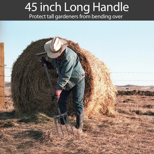 Oliynedy Pitch Fork for Hay, Metal Broadfork Garden Tools for Gardening Long Handle 45inch, Hay Manure Mulch Fork with 4 Gardening Claws for Compost, Horses, Shoveling and Sifting
