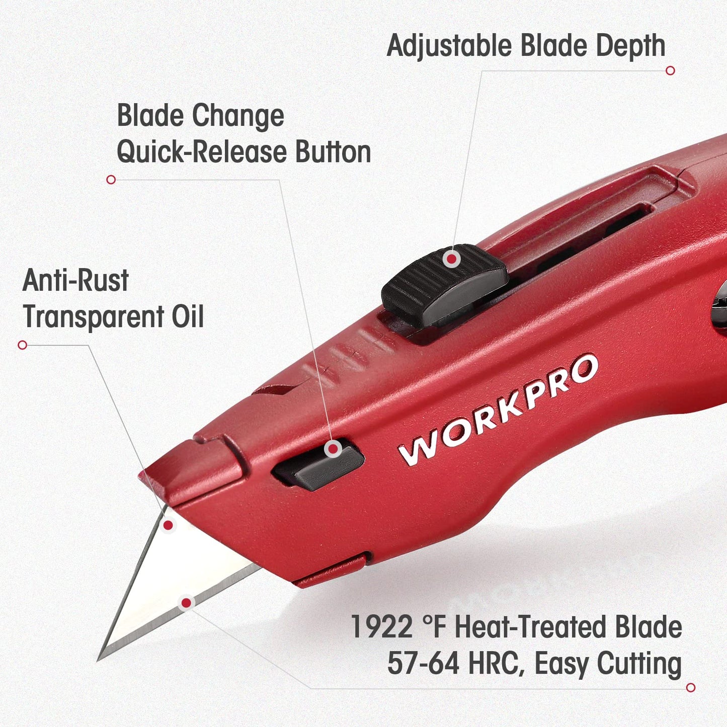 WORKPRO Premium Utility Knife, Retractable All Metal Heavy Duty Box Cutter, Quick Change Blade Razor Knife, with 10 Extra Blades, Set of 3 (Black, Red, Blue)
