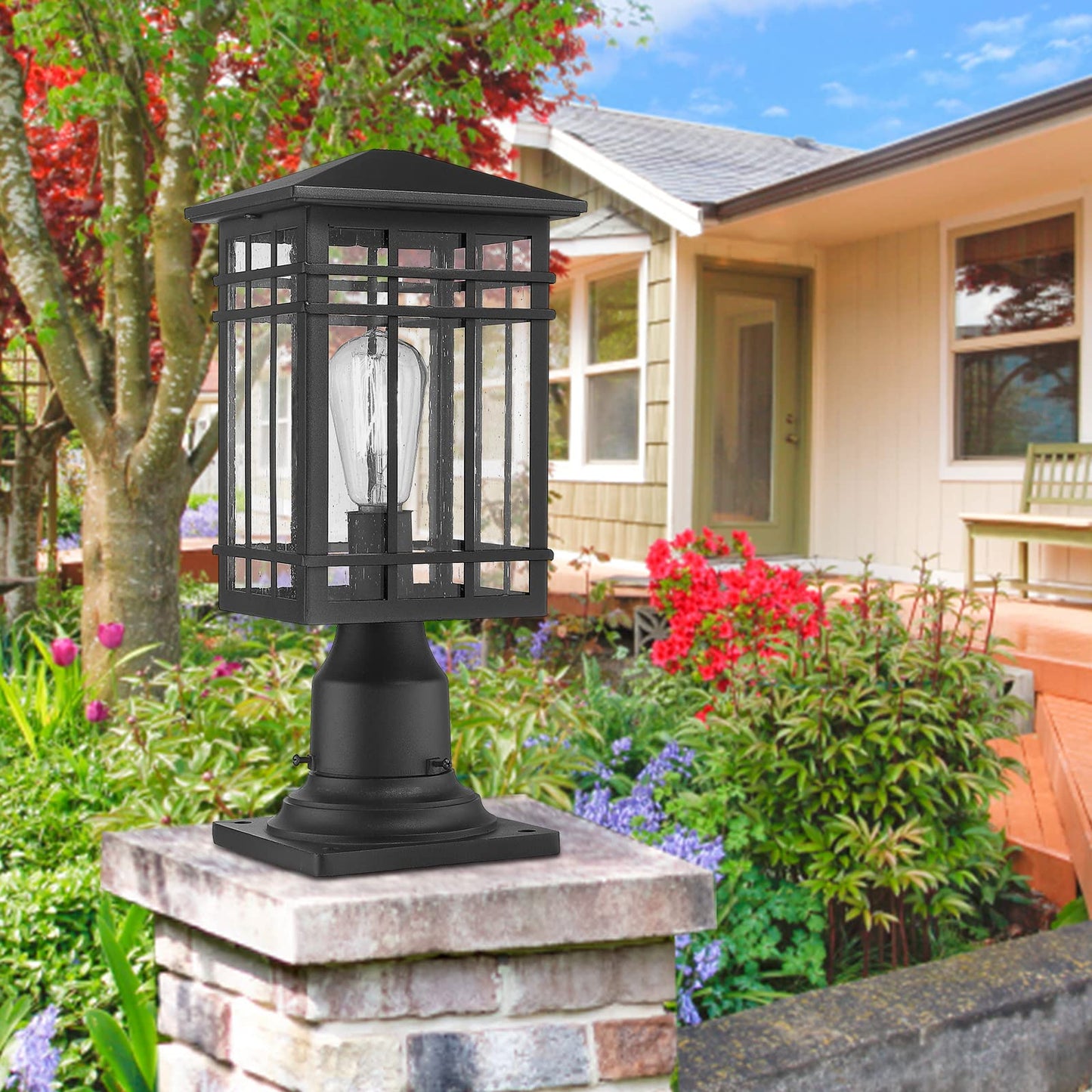 Rosient Outdoor Post Lights Fixture - Exterior Post Lantern with Seeded Glass in Black Finish - Pillar Light Ideal for Patio, Pathway, and Driveway - Outdoor Pole Lights for Porch Post Lighting, Black