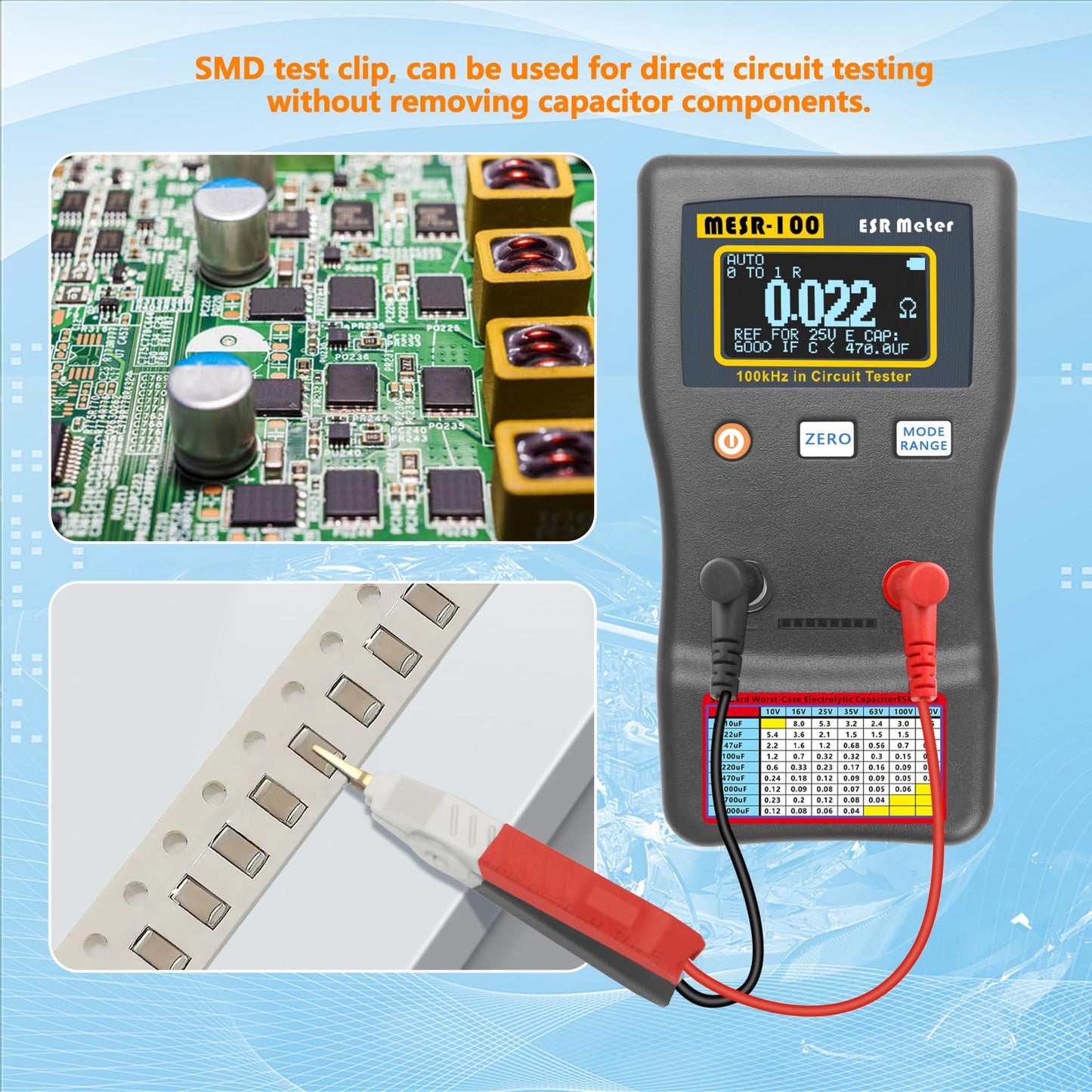 Wisamic MESR-100 V2 Automatic Range Switching, ESR Meter Capacitor Tester, Low Ohm Meter Up to 0.01 to 100R, Alligator Clip and SMD Test Clip Supporting Capacitance Meter Measurement in The Line