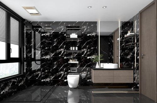 Haimin Wall Panels Peel and Stick 10 Pieces 23.6x11.8in (19.4 Sq. Ft. Coverage) Lightweight Backsplash Marble Look Tile (not Real Marble) Ideal for Kitchen Bathrooms Living Rooms Bedrooms (Black-JGH)