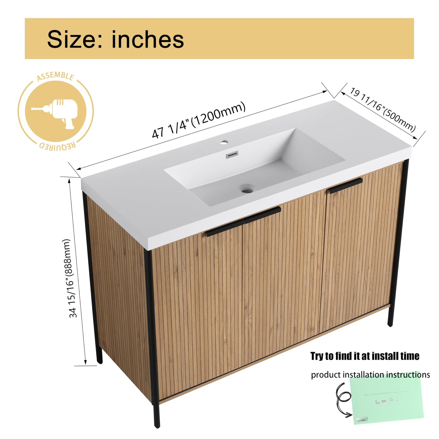 Malwee 48 Inch Freestanding Bathroom Vanity with Sink, 48'' Floor Stand Bathroom Vanity Combo, Modern Cabinet Set with 2 Doors and White Resin Basin Top (MA105-48)