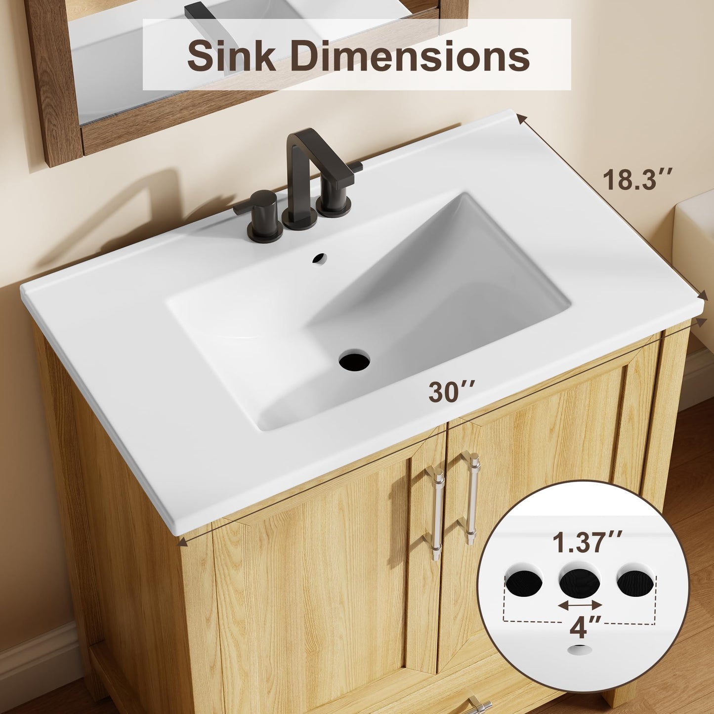 IDEALHOUSE 30" Bathroom Vanity with Sink, Freestanding Wooden Bathroom Vanity Cabinet with Soft-Closing Door and Metal Handle, Modern Floor Standing Storage for Small Spaces,Natural Wood