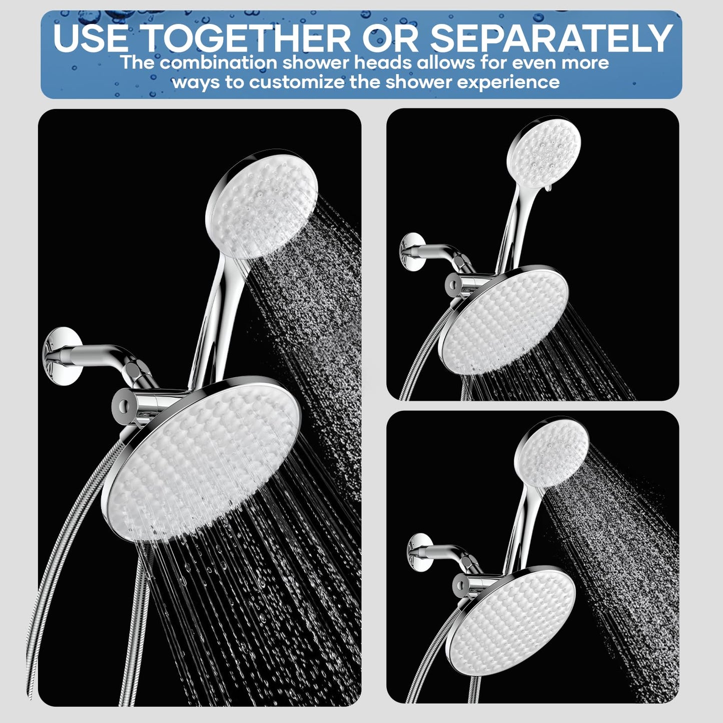 UltrTxenova Dual Shower Heads with Handheld Spray Combo, 8.6 Inch Pulsating Rain Shower Head, 6-Mode Hand Held Shower with Hose 6ft, 2-in -1 Luxury Shower System Chrome