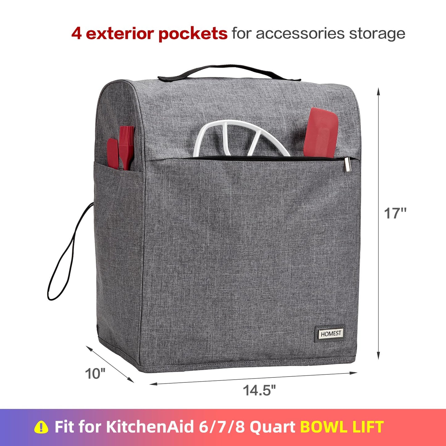 HOMEST Stand Mixer Dust Cover Compatible with KitchenAid 6/7/8 Quart Bowl Lift, Zipper Pocket for Various Kitchen Appliance Accessories, Grey (Patent Design)