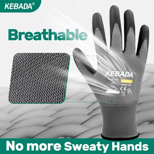 Kebada W1 Work Gloves for Men and Women, PU Coated Safety Gloves with Grip, Touchscreen, Ideal for Warehouse Package Handling, Construction, Gardening, Gray Large