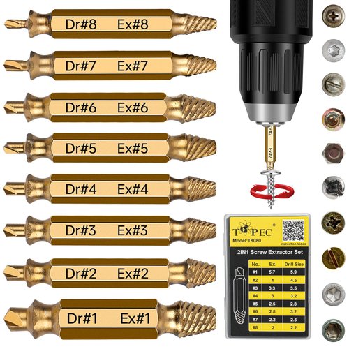 Topec Damaged Screw Extractor Set 8Pcs, HSS 4341 Easy Out Screw Extractor Set, Stripped Screw Extractor for Easy Removal of Stripped, Rusty, Broken Hardware (Gold)