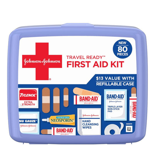 BAND-AID Brand Travel Ready Portable Emergency First Aid Kit, Minor Wound Care, Perfect for Home, Car, Camping, Travel & Outdoor Essentials, Supplies Include Bandages, Neosporin & Tylenol, 80 Piece