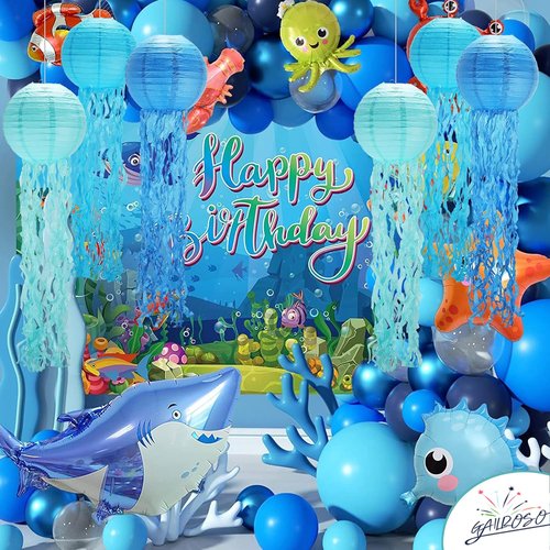 Jellyfish Paper Lanterns,Under The Sea Party Decorations 6Pack with String and Hooks,Hanging Jelly Fish for Mermaid,Ocean Themed,Birthday,Party(Blue 8Inch)