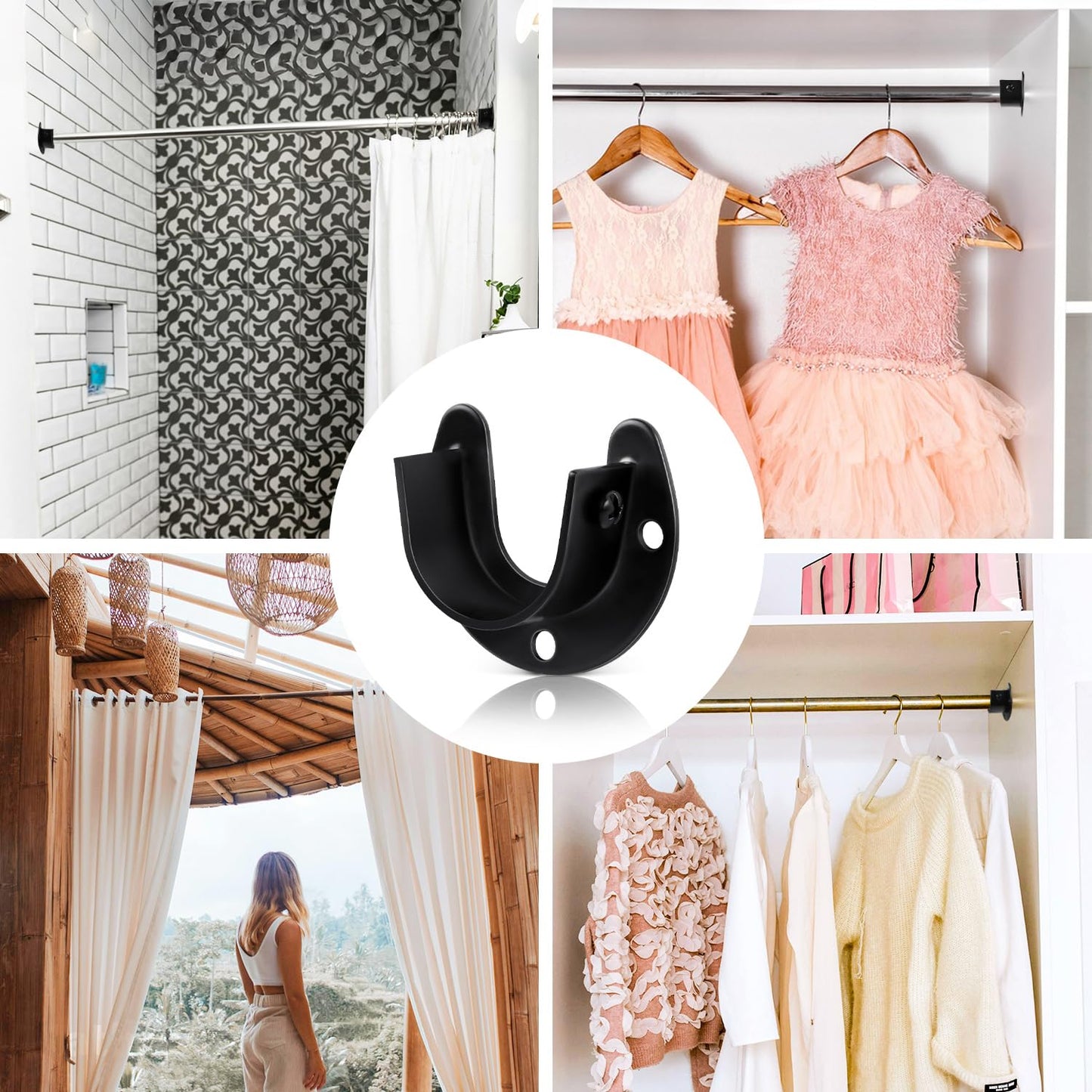 4 Packs Stainless Steel Wardrobe Bracket U-Shaped Rod Socket Flange 1-1/4" Diameter Heavy Duty ClosetBrackets End Supports for Closet Rod with Screws (Black)