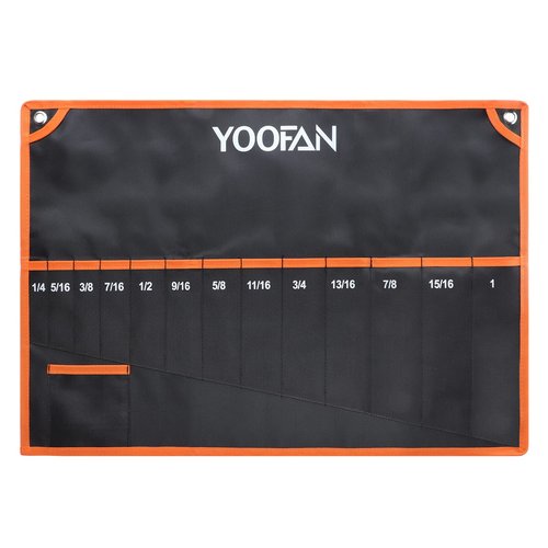 YOOFAN Wrench Roll Up Pouch – Wrench Organizer with 13+1 Pockets, Wrench Bag with handle, Wrench Holder for Hanging, Orange - SAE