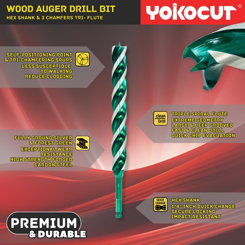 1/2"x 12" Auger Drill Bit for Wood, Hex Shank Tri-Flute Wood Drill Bits, Ship Auger Long Drill Bit for Soft and Hard Wood, Plastic, Drywall, Tree Stump and Composite Materials